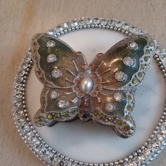 None Other - Vintage Green Enamel and Rhinestone Butterfly Trinket Box